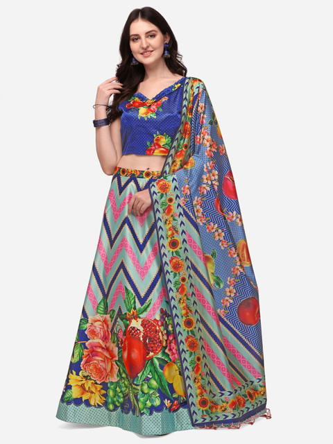 Mitera Women Blue Floral Printed Satin Semi-Stitched Lehenga Choli With Dupatta