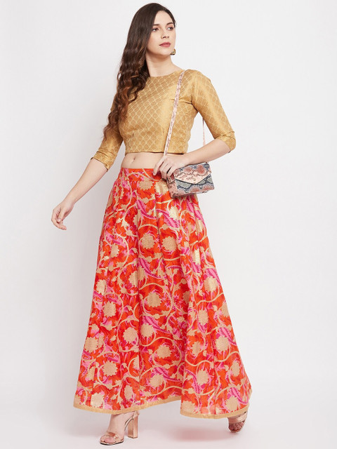 Clora Creation Women Orange & Pink Floral Printed Flared Maxi Skirt - Image 5