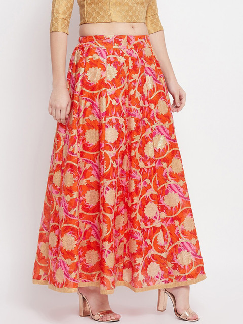 Clora Creation Women Orange & Pink Floral Printed Flared Maxi Skirt - Image 2
