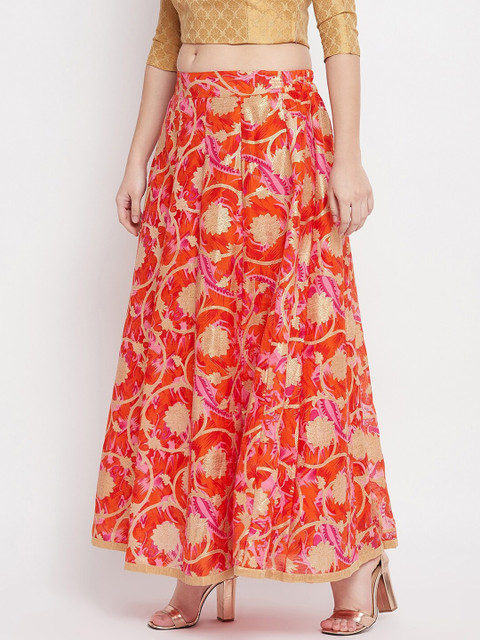 Clora Creation Women Orange & Pink Floral Printed Flared Maxi Skirt - Image 3