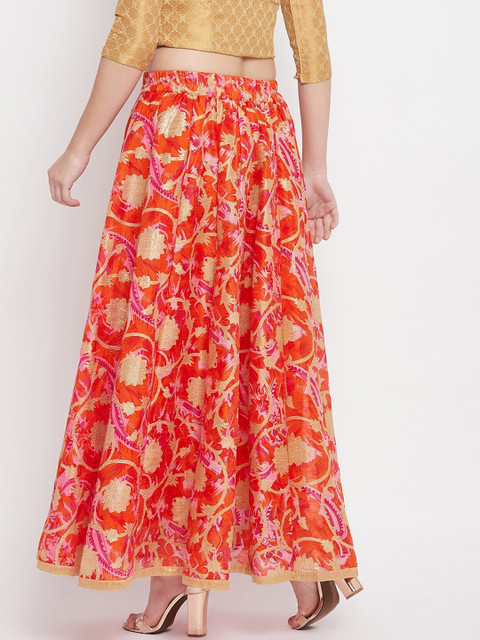 Clora Creation Women Orange & Pink Floral Printed Flared Maxi Skirt - Image 4