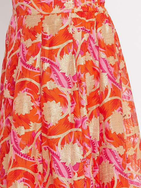 Clora Creation Women Orange & Pink Floral Printed Flared Maxi Skirt - Image 6