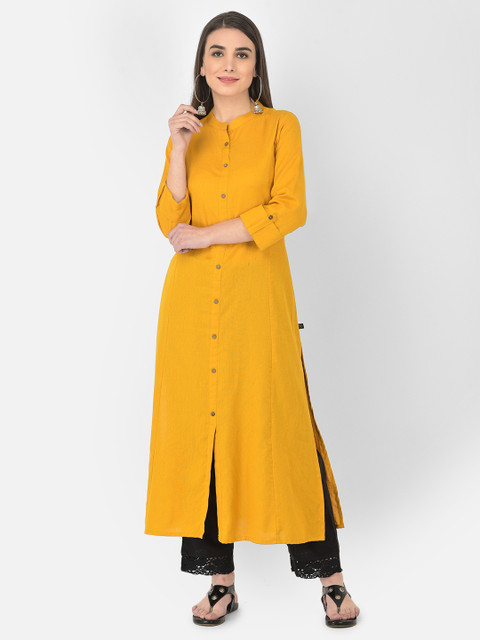 Pistaa Women Mustard Yellow A-Line Pure Cotton Kurta