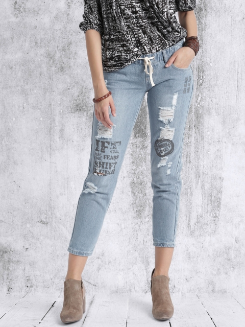 RDSTR Women Blue Slim Fit Printed Mid Rise Highly Distressed Cropped Jeans
