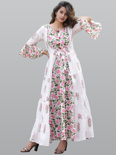 KALINI Women White & Pink Floral Printed Flared Sleeves Floral Anarkali Kurta