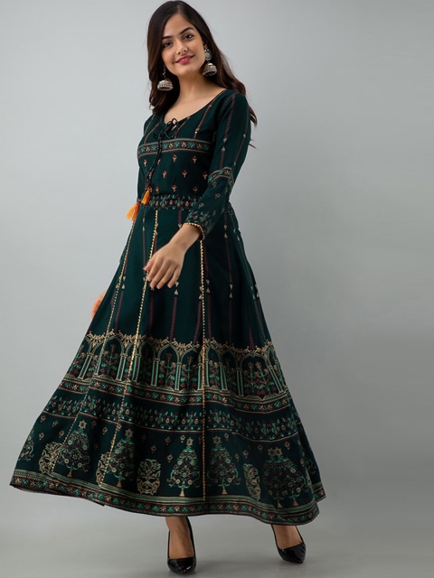 cashback KALINI Women Green & Yellow Ethnic Motifs Printed Thread Work Anarkali Kurta