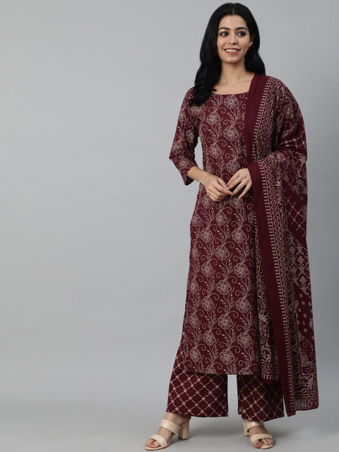 Nayo Women Burgundy & Biege Motifs Printed Pure Cotton Kurta with Palazzos & Dupatta