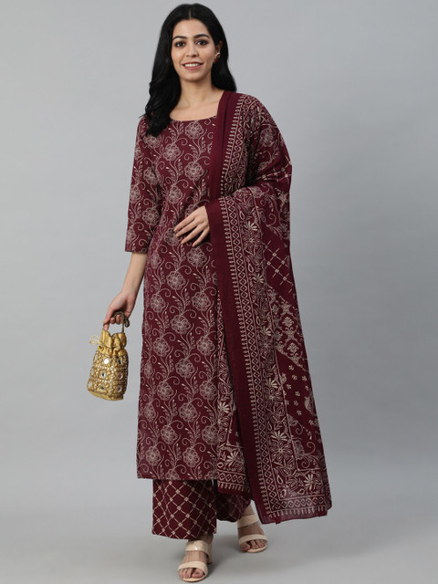 Nayo Women Burgundy & Biege Motifs Printed Pure Cotton Kurta with Palazzos & Dupatta - Image 7