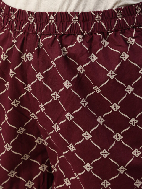 Nayo Women Burgundy & Biege Motifs Printed Pure Cotton Kurta with Palazzos & Dupatta - Image 3