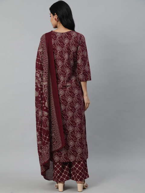 Nayo Women Burgundy & Biege Motifs Printed Pure Cotton Kurta with Palazzos & Dupatta - Image 6