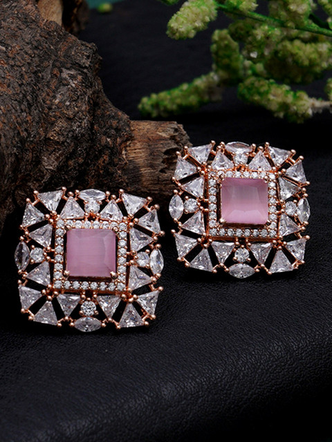 KARATCART Silver-Toned & Pink Classic Studs Earrings