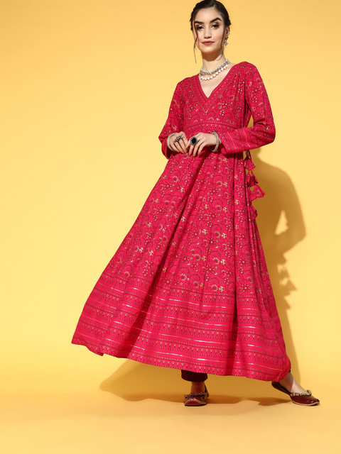 kipek Women Pink Floral Printed Anarkali Kurta
