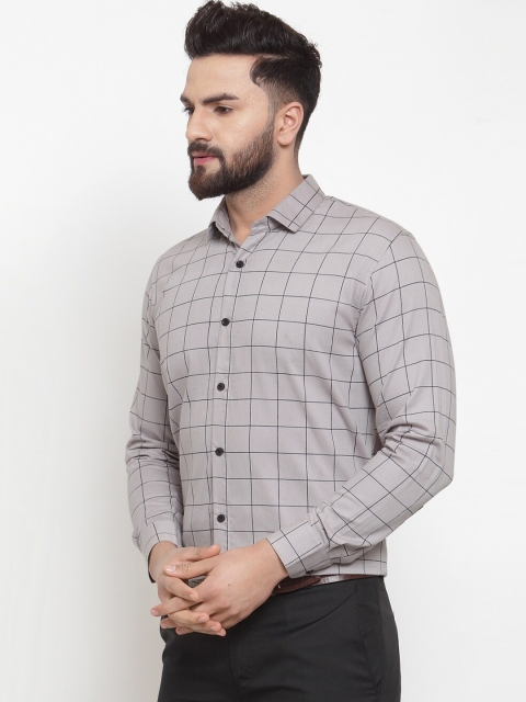 JAINISH Men Grey Comfort Windowpane Checks Checked Cotton Formal Shirt - Image 3