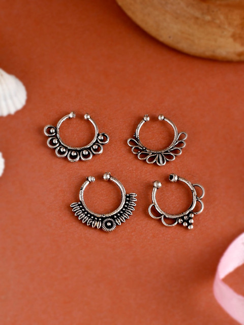Silvermerc Designs Set Of 4 Silver-Toned & Plated Oxidized Beaded Septum Nose Rings
