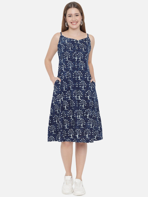 Indietoga Women Indigo Hand Block Printed Sustainable Pure Cotton Dress