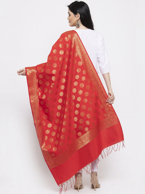 Clora Creation Women Red & Gold-Toned Woven Design Banarsi Silk Dupatta - Image 4