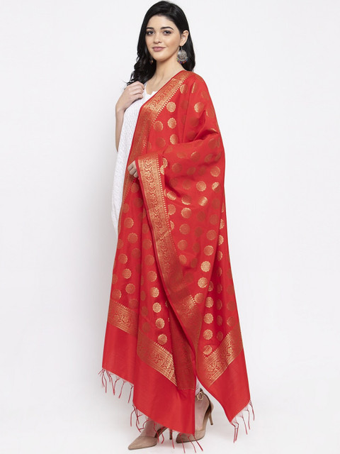 Clora Creation Women Red & Gold-Toned Woven Design Banarsi Silk Dupatta - Image 3