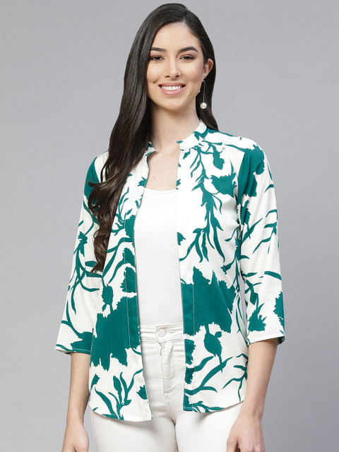 Cottinfab Women Green & White Printed Tropical Shrug