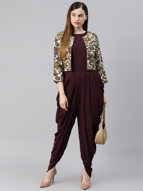Cottinfab Brown Solid Dhoti Style Jumpsuit With Jacket - Image 6