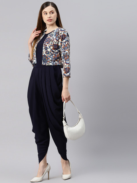 Cottinfab Navy Blue Solid Dhoti Style Jumpsuite With Jacket - Image 6