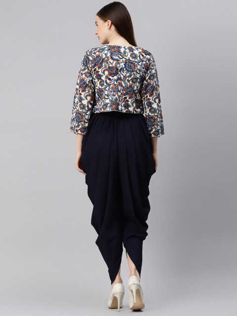 Cottinfab Navy Blue Solid Dhoti Style Jumpsuite With Jacket - Image 5