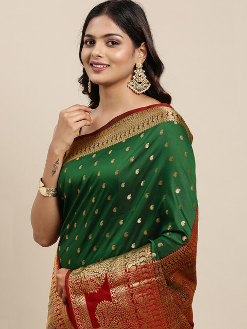 Mitera Green & Gold-Toned Woven Design Zari Silk Cotton Banarasi Saree