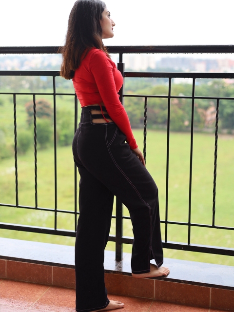 STREET 9 Women Stylish Black Solid High-Rise Trousers