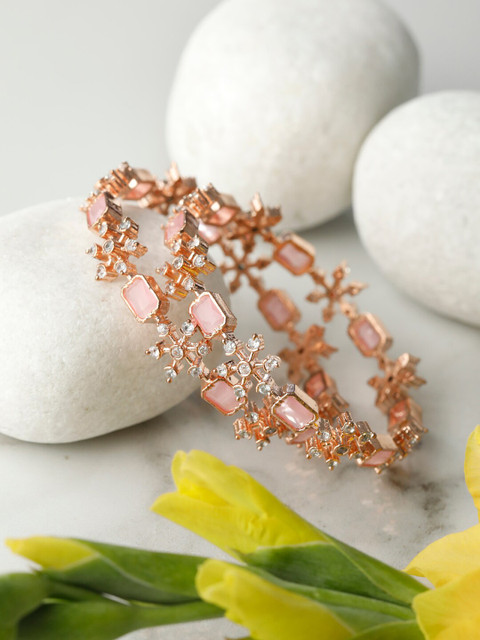 Priyaasi Set of 2 Pink Rose Gold-Plated AD-Studded Bangles