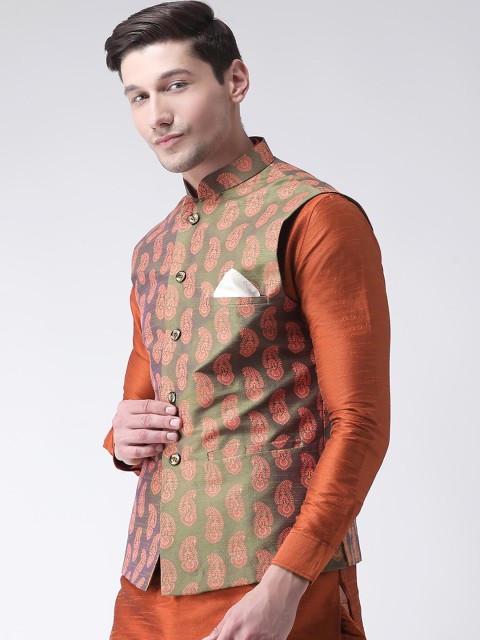 DEYANN Men Green Printed Nehru Jacket - Image 3