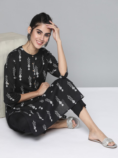 HERE&NOW Women Black & White Ethnic Printed Kurta