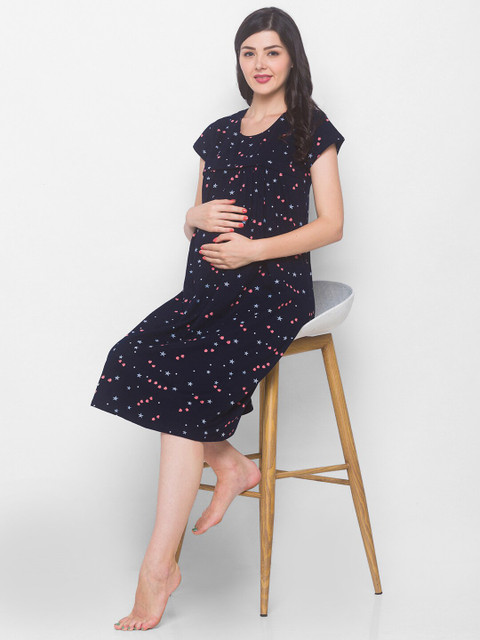 AV2 Black Printed Maternity & Nursing Pure Cotton Nightdress