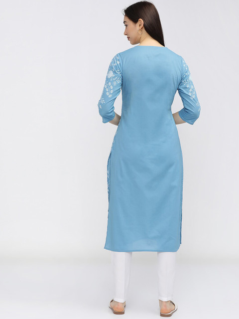 Vishudh Women Blue Floral Printed Keyhole Neck Kurta - Image 4