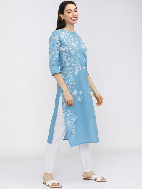 Vishudh Women Blue Floral Printed Keyhole Neck Kurta - Image 3