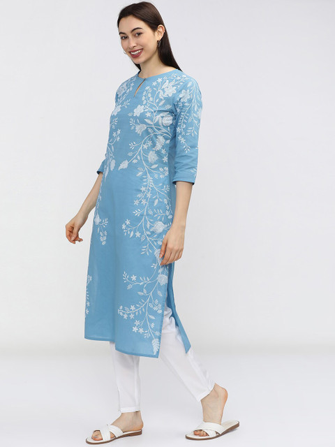 Vishudh Women Blue Floral Printed Keyhole Neck Kurta - Image 5
