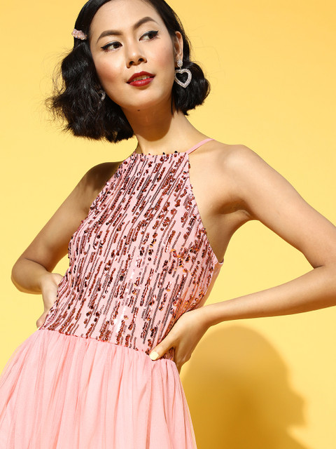 plusS Women Pretty Pink Solid Bling & Sparkly Dress - Image 4