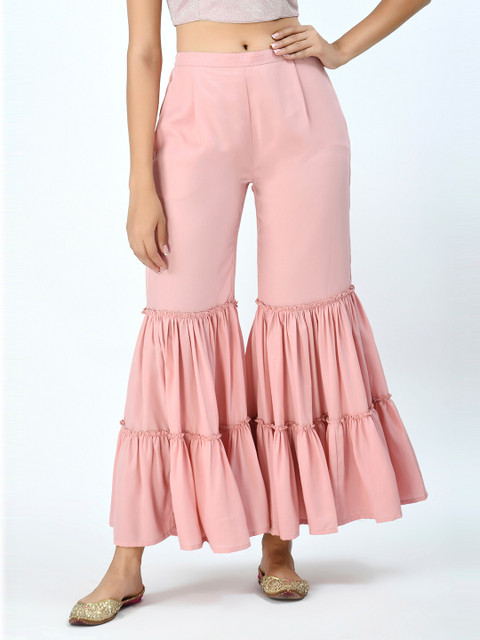 V&M Women Peach-Coloured Flared Crepe Ethnic Palazzos