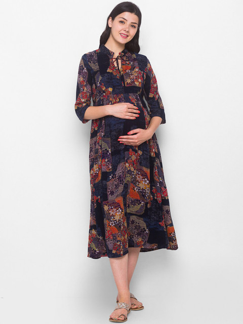 AV2 Navy Blue & Red Floral Tie-Up Neck Maternity A-Line Midi Dress - Image 4