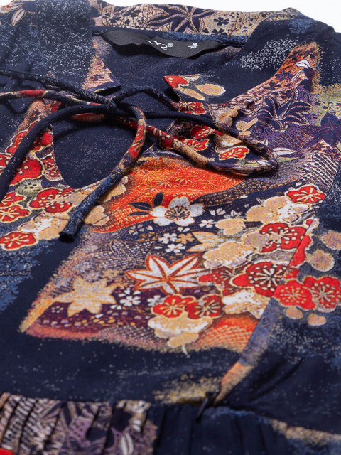 AV2 Navy Blue & Red Floral Tie-Up Neck Maternity A-Line Midi Dress - Image 7