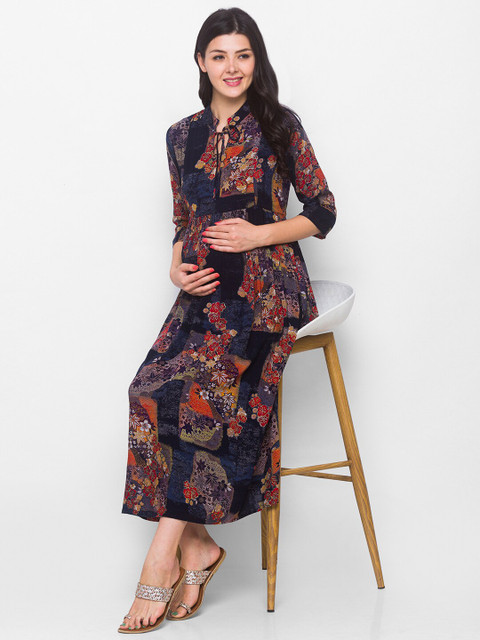 AV2 Navy Blue & Red Floral Tie-Up Neck Maternity A-Line Midi Dress