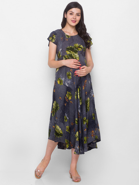 AV2 Blue & Green Floral Maternity Midi Dress