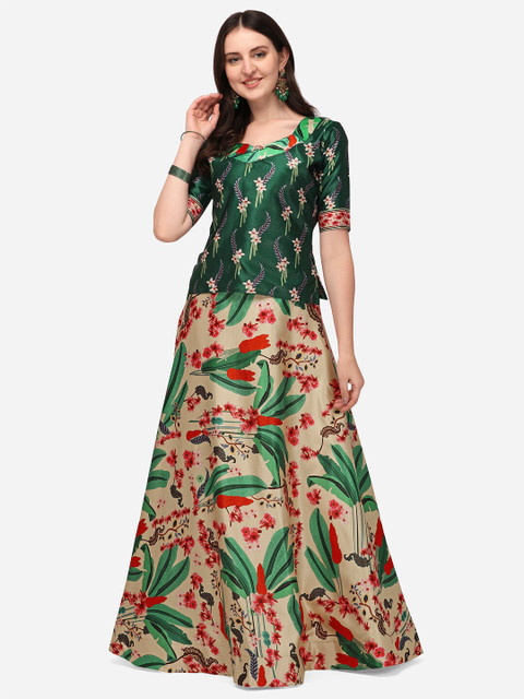 RAJGRANTH Cream-Coloured & Green Printed Semi-Stitched Lehenga & Unstitched Blouse
