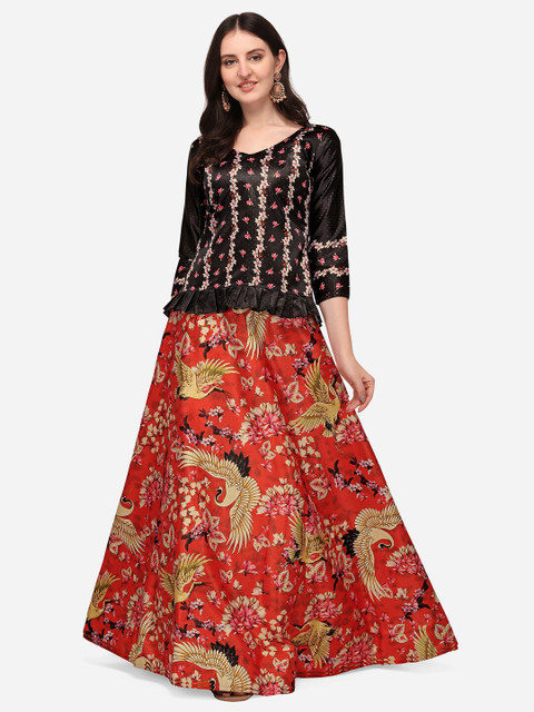 RAJGRANTH Red & Black Printed Semi-Stitched Lehenga & Unstitched