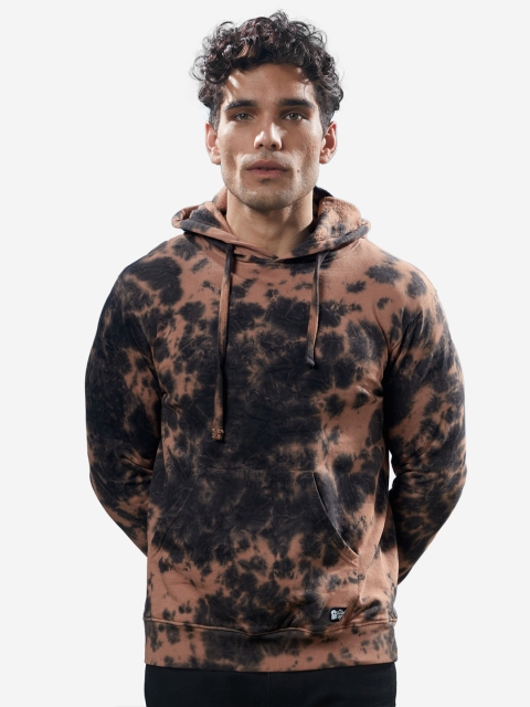 The Souled Store Men Black & Brown Tie & Dye Printed Hooded Sweatshirt