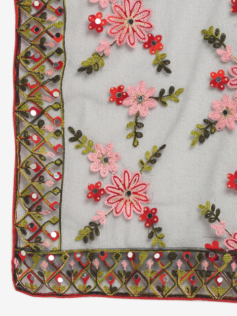 Sugathari Black & Red Embroidered Kalamkari Dupatta with Mirror Work - Image 2