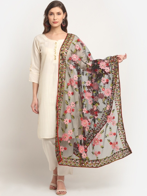 Sugathari Black & Red Embroidered Kalamkari Dupatta with Mirror Work