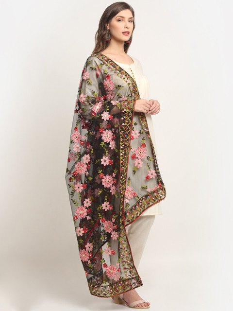 Sugathari Black & Red Embroidered Kalamkari Dupatta with Mirror Work - Image 3