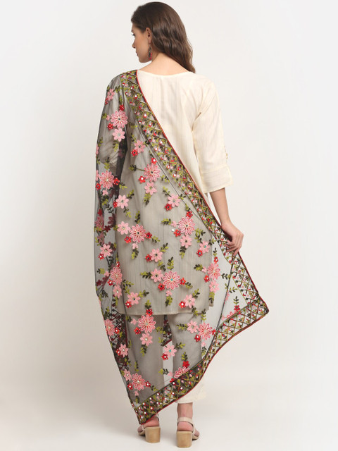 Sugathari Black & Red Embroidered Kalamkari Dupatta with Mirror Work - Image 4