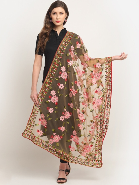 Sugathari Beige & Pink Embroidered Dupatta with Mirror Work
