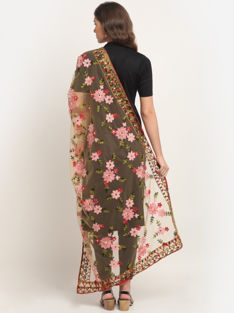 Sugathari Beige & Pink Embroidered Dupatta with Mirror Work - Image 4