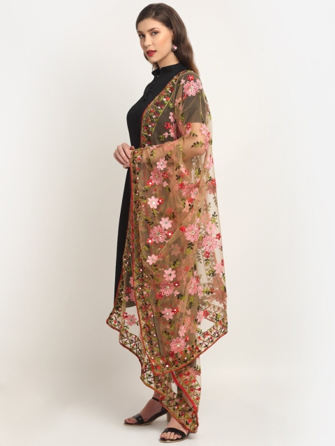 Sugathari Beige & Pink Embroidered Dupatta with Mirror Work - Image 3